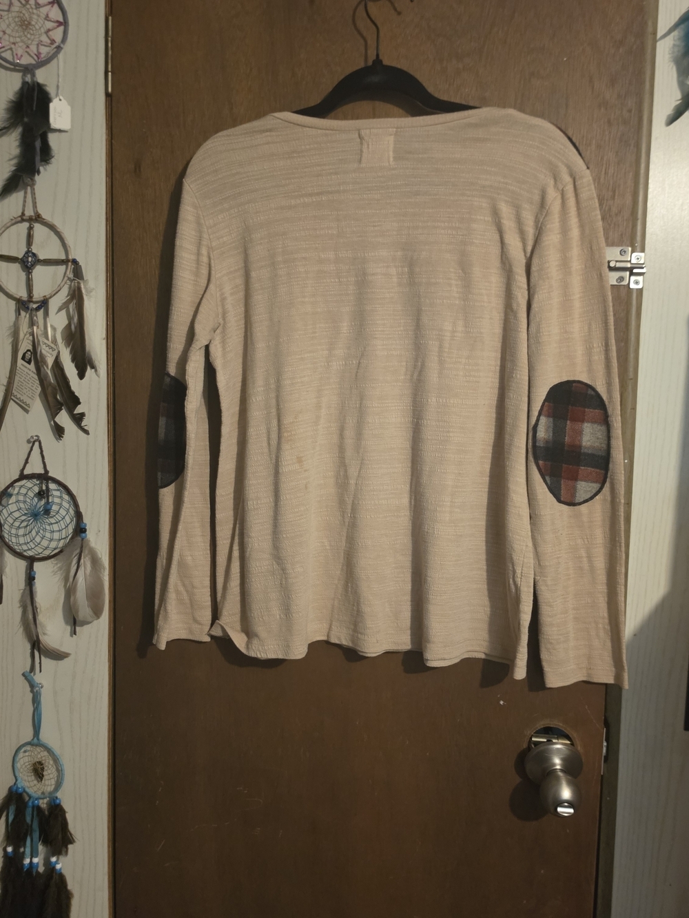 Women’s Long Sleeve Tee with Plaid Shoulder Detail - Beige - Picture 5 of 5